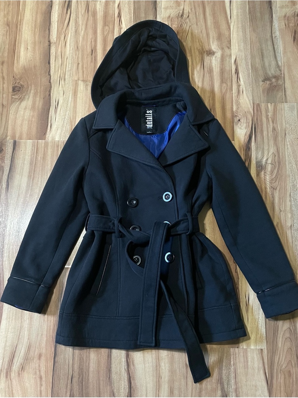 Details Black Softshell Peacoat Coat Hooded Double Breasted Belted Jacket Sz S